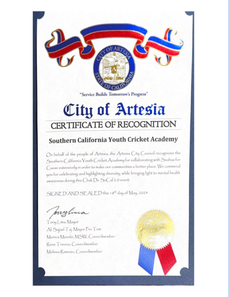 City of Artesia Certificate of Recognition for SoCal Youth Cricket Academy