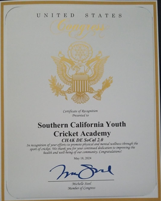 Letter of Recognition from Congress for SoCal Cricket Academy